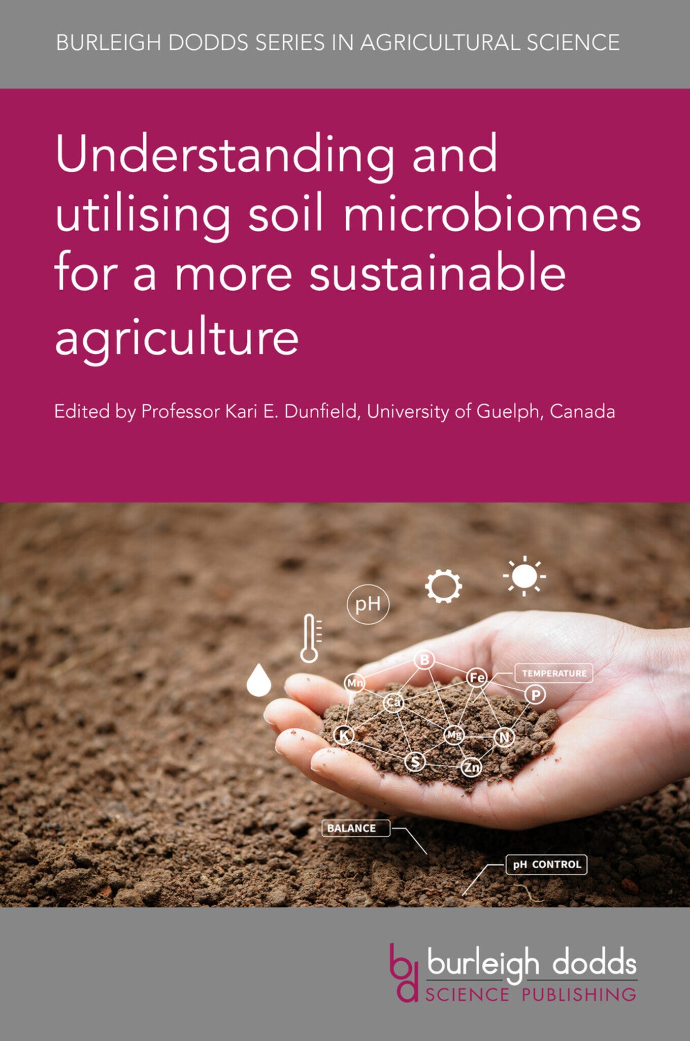 Book cover of 'Understanding and Utilising Soil Microbiomes for a More Sustainable Agriculture' with a hand holding soil and microbial icons.